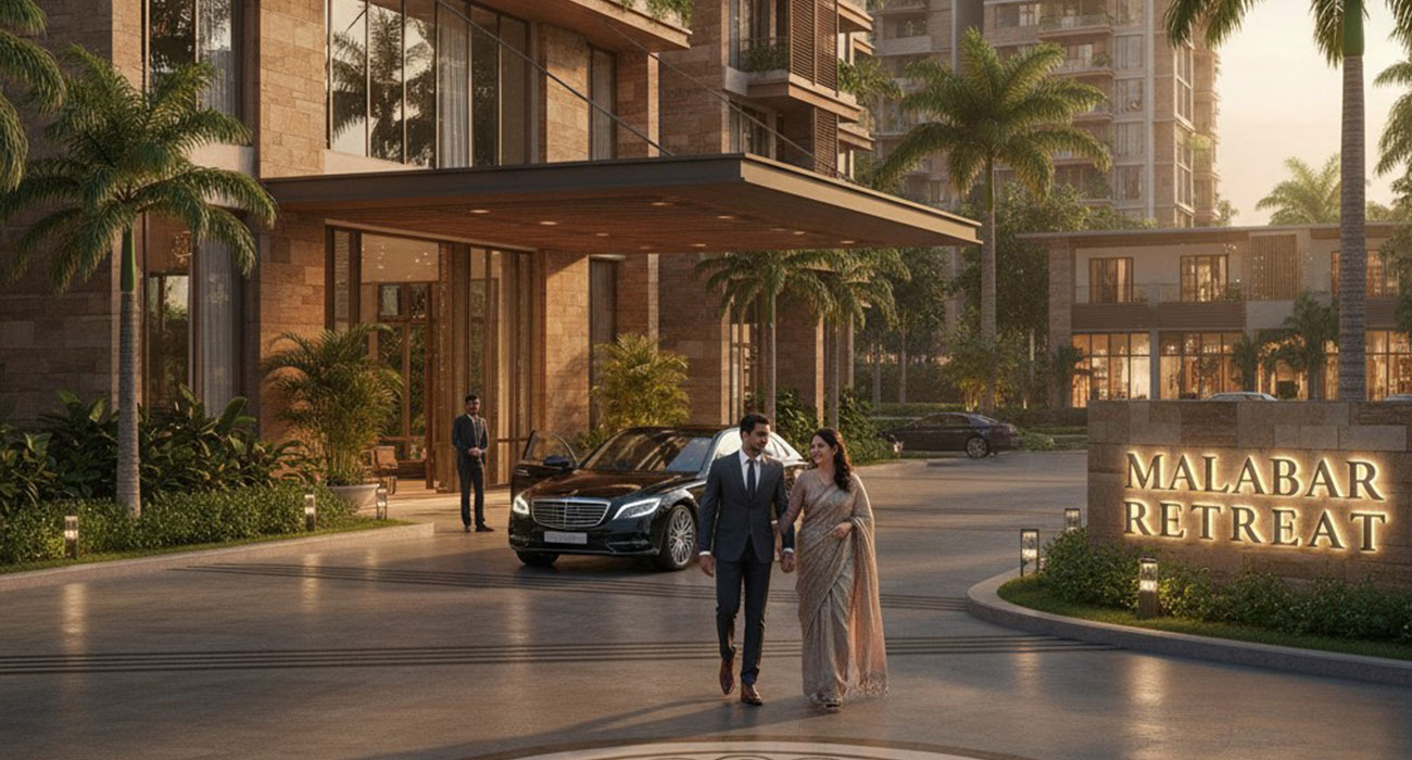 An artist's rendering of the entrance to Malabar Retreat, a
luxury residential apartment building by Ganesh Housing, featuring lush
greenery and a grand entrance with a family walking into the complex.