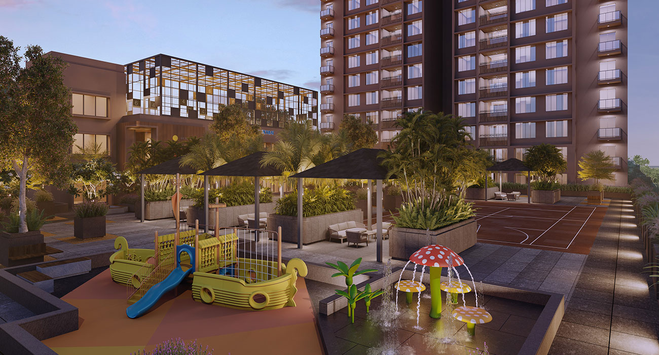 A vibrant children's play area at Malabar Retreat, a luxury
residential project in Ahmedabad, featuring safe, all-weather equipment
like slides, swings, and a dedicated sandpit, designed for kids to play
and socialize.
