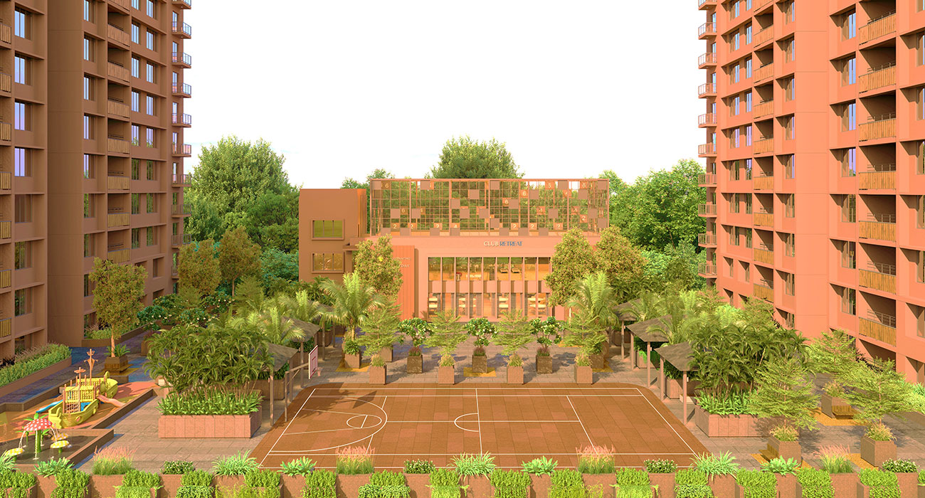 An aerial view of the luxurious amenities at Malabar Retreat, a
high-rise residential building in Ahmedabad, featuring a pristine
swimming pool, a fully-equipped gymnasium, and lush landscaped gardens,
offering a resort-like lifestyle.